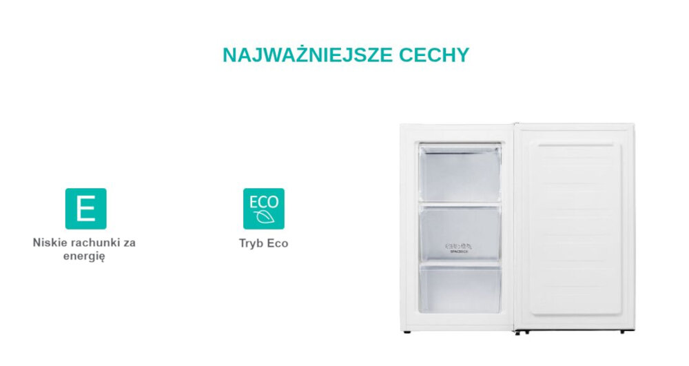 ZAMRAŻARKA GORENJE FH30DAW Grafika przedstawia najważniejsze cechy zamrażarki wraz z ikonami klasy energetycznej E i trybu Eco. Po prawej stronie widoczna jest otwarta zamrażarka z trzema szufladami tryb Eco energooszczędność chłodzenie niższe rachunki