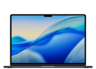 Laptop z wyświetlaczem o przekątnej 13.6 cala, prezentujący abstrakcyjną grafikę z niebieskimi i żółtymi odcieniami na ekranie.