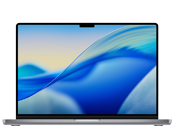 Laptop z wyświetlaczem o cienkich ramkach, pokazujący abstrakcyjną grafikę w odcieniach błękitu i żółci. Na obudowie widoczne jest logo producenta: APPLE.