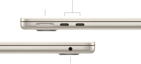 Obraz przedstawia dwa profile laptopa w kolorze jasnym. Widoczne są porty USB-C, gniazdo słuchawkowe oraz złącze ładowania.