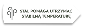 Grafika przedstawia biały prostokąt z czarnym napisem \'STAL POMAGA UTRZYMAĆ STABILNĄ TEMPERATURĘ\' oraz ikoną przypominającą stylizowany wiatr.