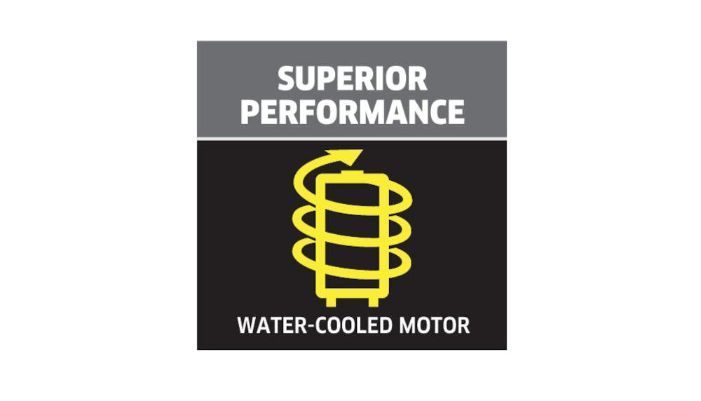 Obrazek przedstawia ikonę z napisem \'SUPERIOR PERFORMANCE\' na szarym tle oraz \'WATER-COOLED MOTOR\' na czarnym tle. W centrum znajduje się żółty symbol przedstawiający spiralę wokół prostokątnego kształtu.