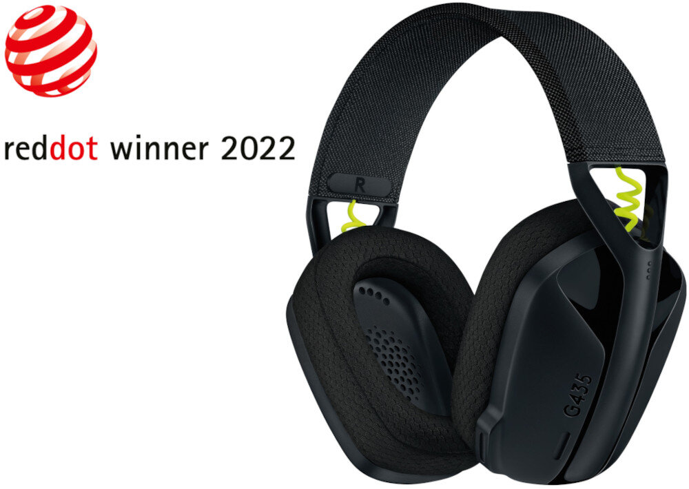 Czarne słuchawki nauszne z widocznym napisem \'G435\' na jednej z muszli. Obok znajduje się logo \'reddot winner 2022\'.