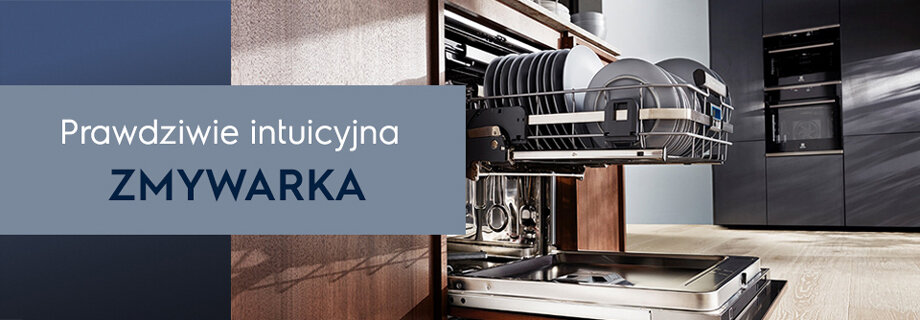 Obraz przedstawia otwartą zmywarkę z widocznymi naczyniami w środku. Na niebieskim tle znajduje się tekst: \'Prawdziwie intuicyjna ZMYWARKA\'.
