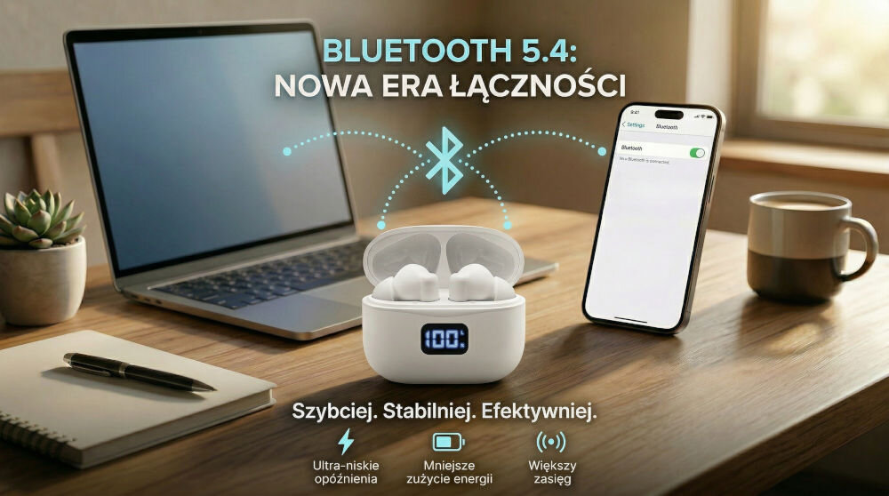 Na stole znajduje się otwarte etui z białymi słuchawkami dokanałowymi, obok laptopa, telefonu i kubka. Tekst na obrazie: \'BLUETOOTH 5.4: NOWA ERA ŁĄCZNOŚCI\', \'Szybciej. Stabilniej. Efektywniej.\', oraz ikony z napisami \'Ultra-niskie opóźnienia\', \'Mniejsze zużycie energii\', \'Większy zasięg\'.