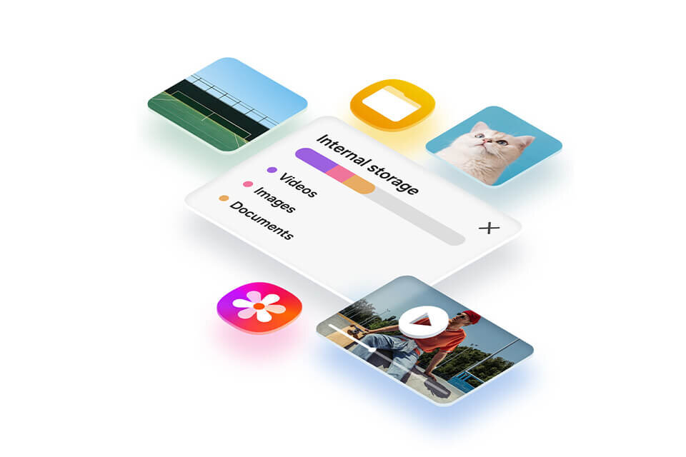 Obraz przedstawia interfejs użytkownika z napisem \'Internal storage\' oraz kategoriami \'Videos\', \'Images\', \'Documents\'. Wokół widoczne są ikony aplikacji, w tym zdjęcie kota i ikona z filmem.