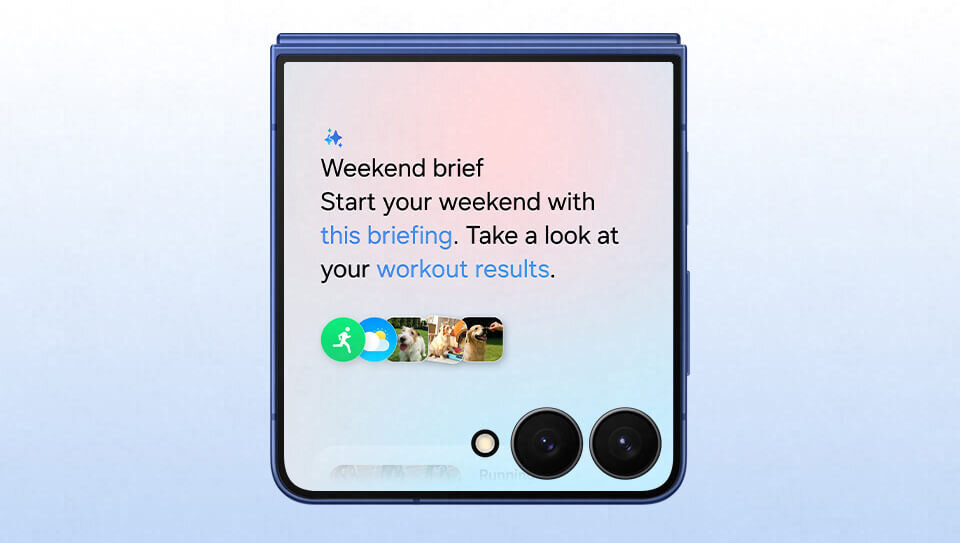 Smartfon z wyświetlaczem pokazującym tekst: \'Weekend brief Start your weekend with this briefing. Take a look at your workout results.\' oraz dwoma widocznymi aparatami fotograficznymi.