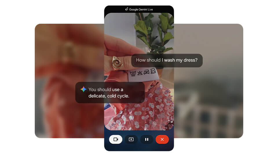 Na ekranie smartfona widoczna jest aplikacja Google Gemini Live, pokazująca metkę z symbolami prania i pytaniem \'How should I wash my dress?\'. Odpowiedź brzmi: \'You should use a delicate, cold cycle.\'.