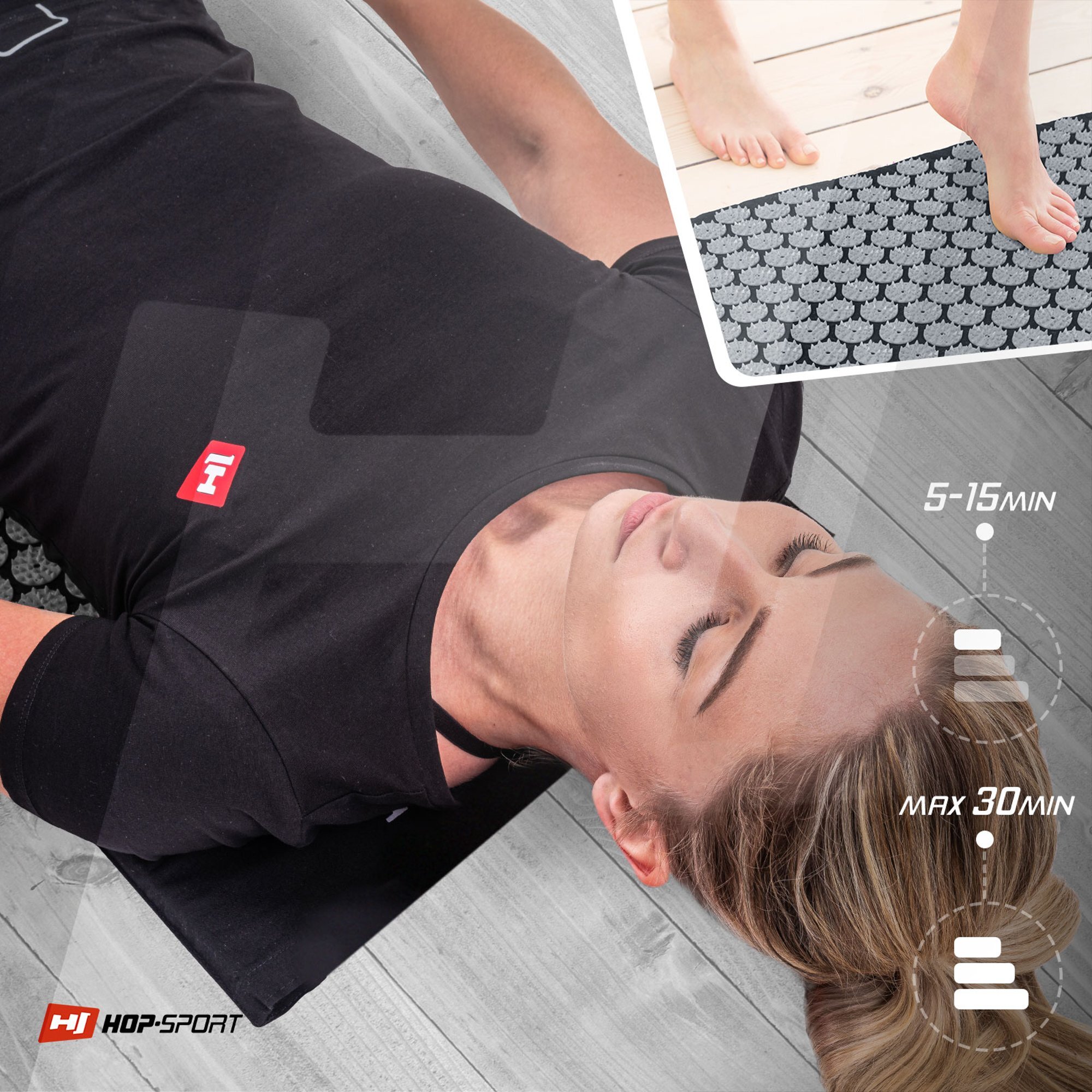 Osoba leży na szarej macie do akupresury z widocznym logo \'HOP-SPORT\'. Obok znajduje się grafika przedstawiająca stopy na macie oraz napisy \'5-15min\' i \'max 30min\'.