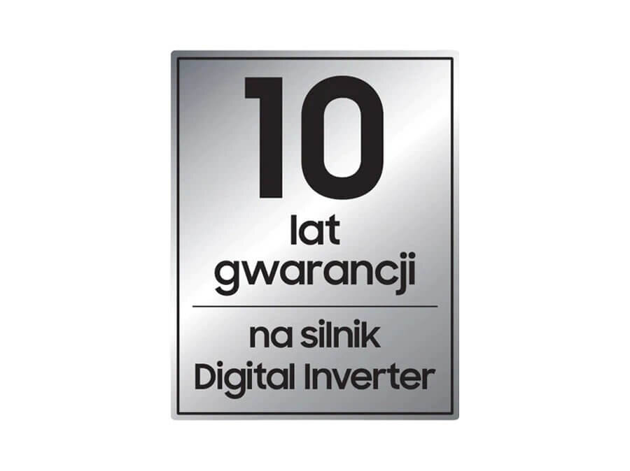 Pralka Samsung wf90f09c4su4 z wydajnym silnikiem Obraz przedstawia srebrną tabliczkę z napisem: \'10 lat gwarancji na silnik Digital Inverter\'.