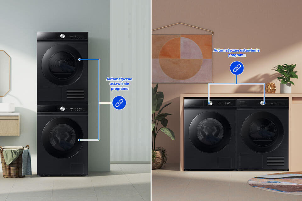 Automatyczny dobór parametrów suszenia po zakończonym praniu oferują inteligentna pralk Samsung Bespoke AI™ w połączeniu z inteligentną suszarką Samsung Bespoke AI™ Obraz przedstawia dwa zestawy pralek i suszarek w ciemnym kolorze, z oznaczeniem \'Automatyczne ustawienie programu\'.