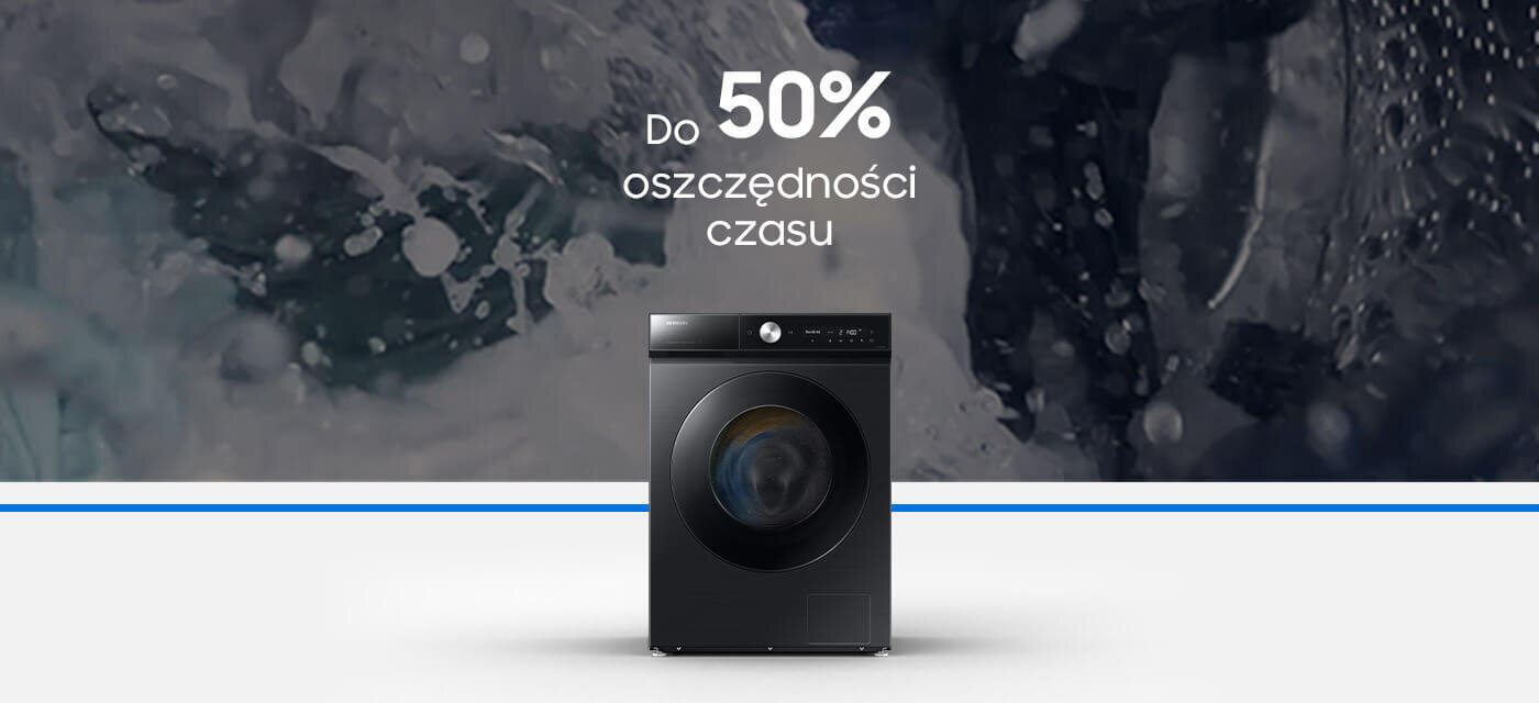 Pralka Samsung Bespoke AI™ WW11DB8B95GBU4 z QuickDrive pierze ubrania w czasie krótszym o połowę Na obrazie widoczna jest czarna pralka z okrągłym oknem na drzwiach. W tle znajduje się tekst: \'Do 50% oszczędności czasu\'.