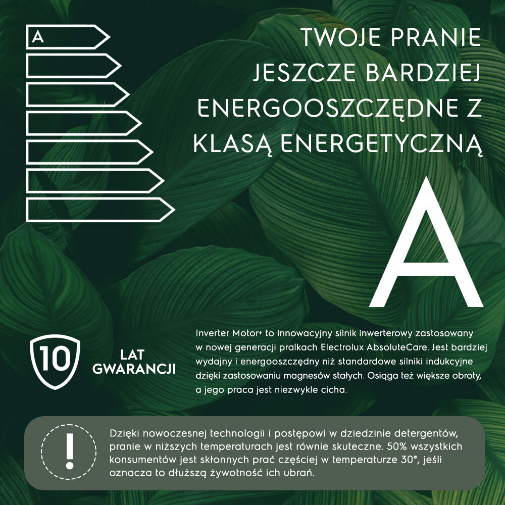 Grafika przedstawia tekst: \'TWOJE PRANIE JESZCZE BARDZIEJ ENERGOOSZCZĘDNE Z KLASĄ ENERGETYCZNĄ A\'. Widoczne są również informacje o 10-letniej gwarancji oraz zaletach technologii Inverter Motor+.
