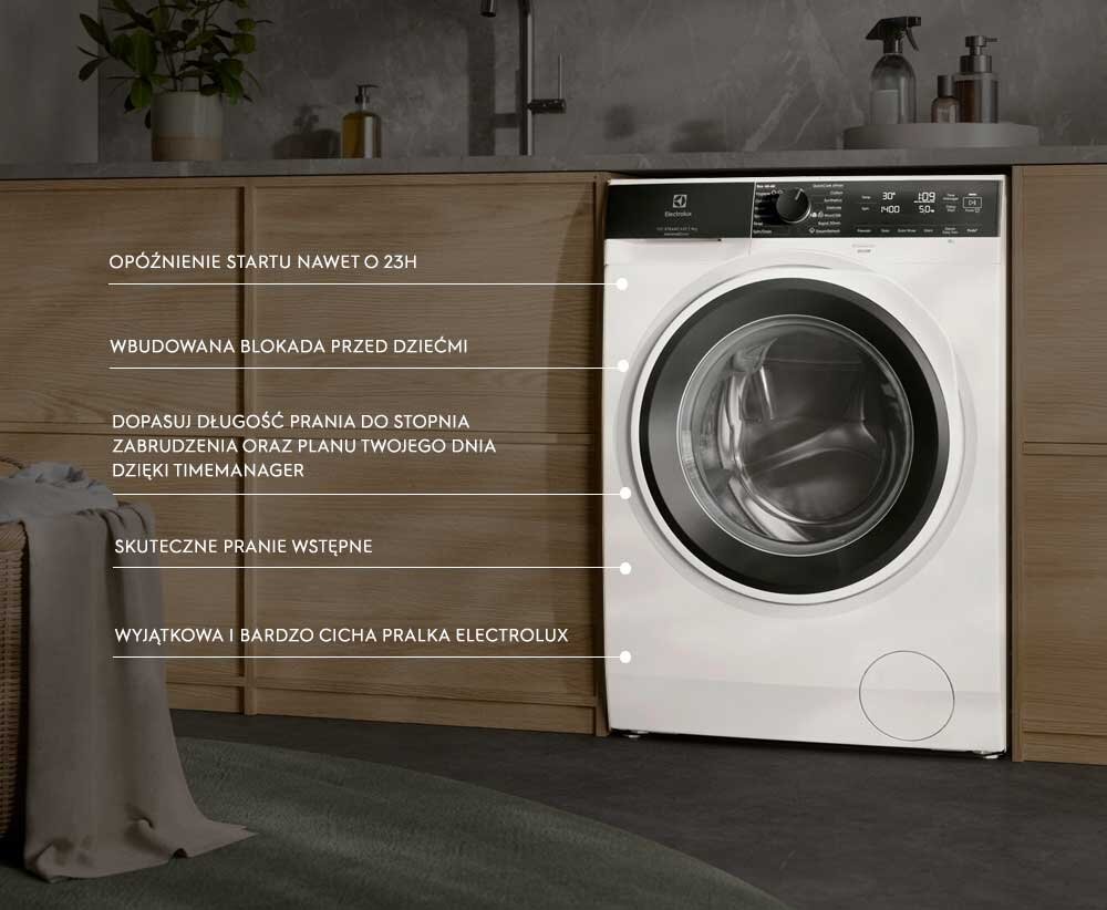 Pralka ELECTROLUX z widocznym panelem sterowania i bębnem, umieszczona w zabudowie kuchennej. Na obrazie widoczny jest tekst: \'OPÓŹNIENIE STARTU NAWET O 23H, WBUDOWANA BLOKADA PRZED DZIEĆMI, DOPASUJ DŁUGOŚĆ PRANIA DO STOPNIA ZABRUDZENIA ORAZ PLANU TWOJEGO DNIA DZIĘKI TIMEMANAGER, SKUTECZNE PRANIE WSTĘPNE, WYJĄTKOWA I BARDZO CICHA PRALKA ELECTROLUX\'.