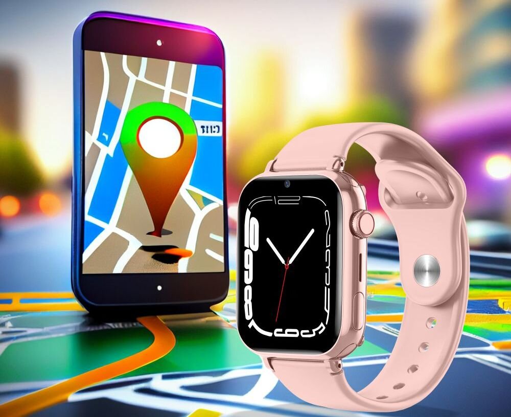 Na obrazie widoczny jest smartwatch z różowym paskiem oraz smartfon z wyświetloną mapą i ikoną lokalizacji. Tło jest rozmyte i kolorowe.