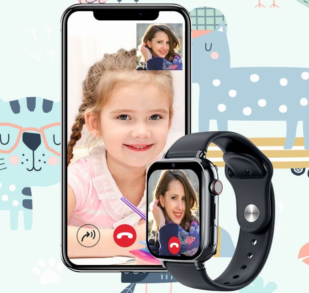 Na obrazie widać smartfon i smartwatch, oba wyświetlają obraz kobiety podczas wideorozmowy. W tle znajduje się wzór z rysunkami zwierząt.