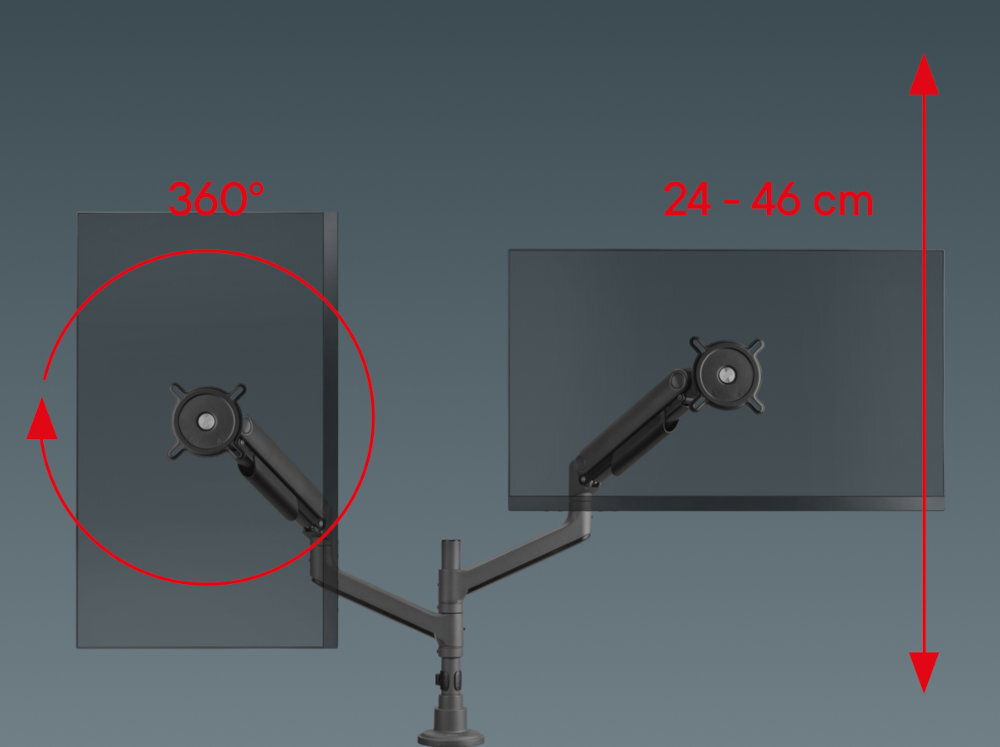 Obraz przedstawia uchwyt do monitora z dwoma ramionami, na których zamocowane są ekrany. Widoczne są oznaczenia \'360°\' oraz \'24 - 46 cm\' wskazujące na zakres ruchu i regulacji wysokości.