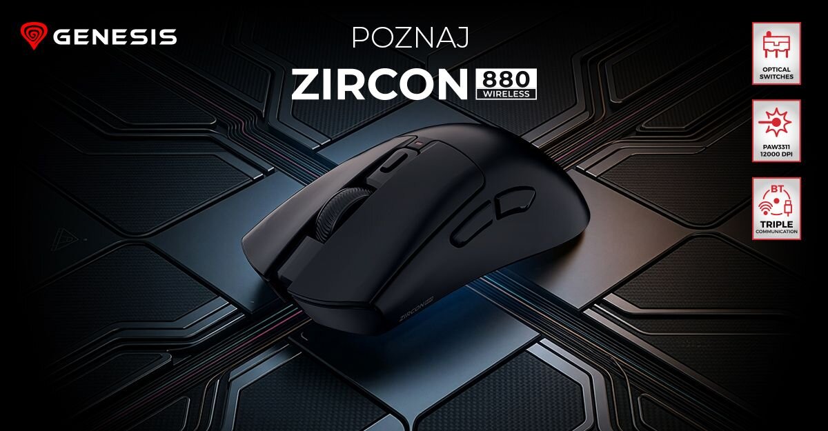 Na obrazie widoczna jest czarna mysz komputerowa na tle geometrycznego wzoru. Tekst na obrazie: \'GENESIS\', \'POZNAJ ZIRCON 880 WIRELESS\', \'OPTICAL SWITCHES\', \'PARAMETR 19000 DPI\', \'BT TRIPLE COMMUNICATION\'.
