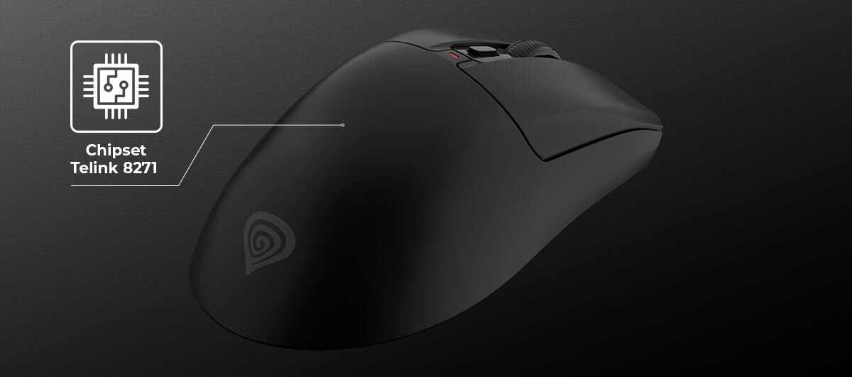 Czarna mysz komputerowa z widocznym logo i napisem \'Chipset Telink 8271\'.