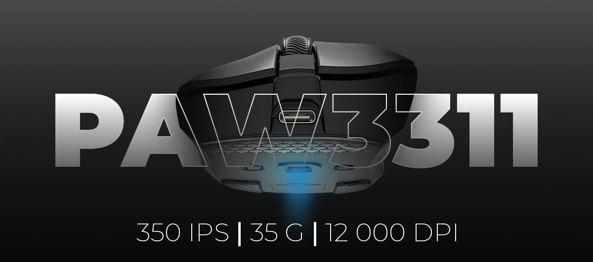 Obraz przedstawia mysz komputerową z widocznym napisem \'PAW3311\'. Pod spodem znajdują się parametry: \'350 IPS | 35 G | 12 000 DPI\'.