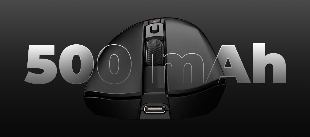 Czarna mysz komputerowa z widocznym portem USB-C na tle napisu \'500 mAh\'.