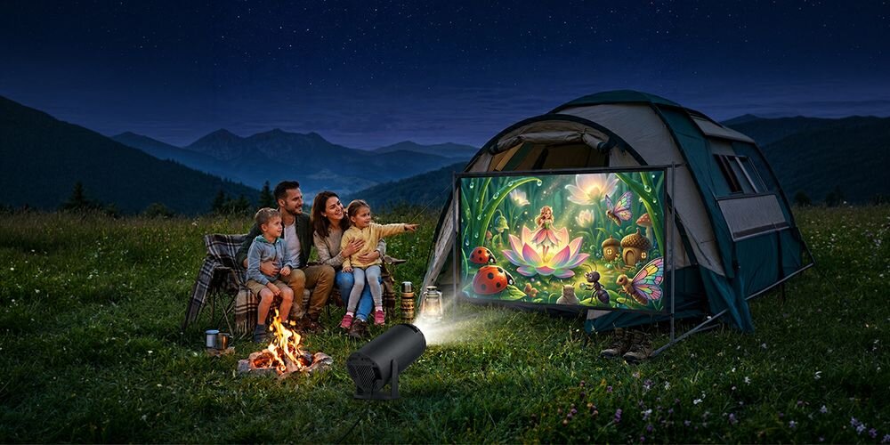 Na obrazie widać rodzinę siedzącą przy ognisku na tle namiotu, na którym wyświetlany jest kolorowy obraz z projektora. W tle znajdują się góry i nocne niebo.