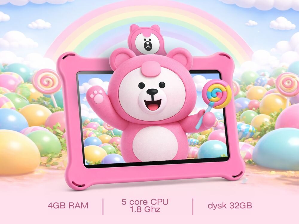 Różowy tablet z obudową w kształcie misia, na ekranie widoczna jest postać misia trzymającego lizaka. W tle kolorowe kulki i tęcza, poniżej napis: \'4GB RAM, 5 core CPU 1.8 Ghz, dysk 32GB\'.