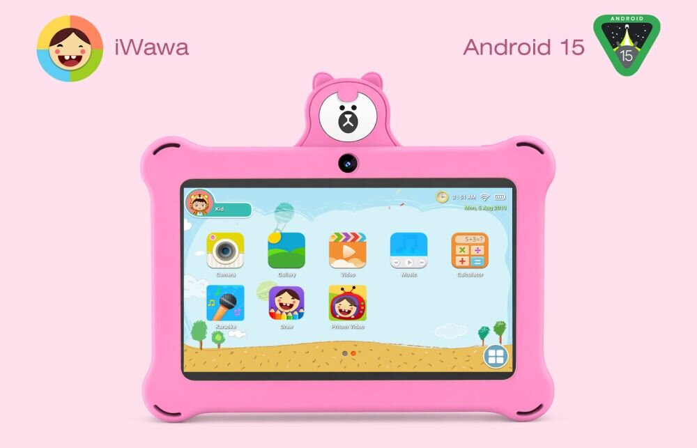 Różowy tablet z obudową w kształcie misia, wyświetlający kolorowy interfejs z ikonami aplikacji. Widoczne są napisy \'iWawa\' i \'Android 15\'.