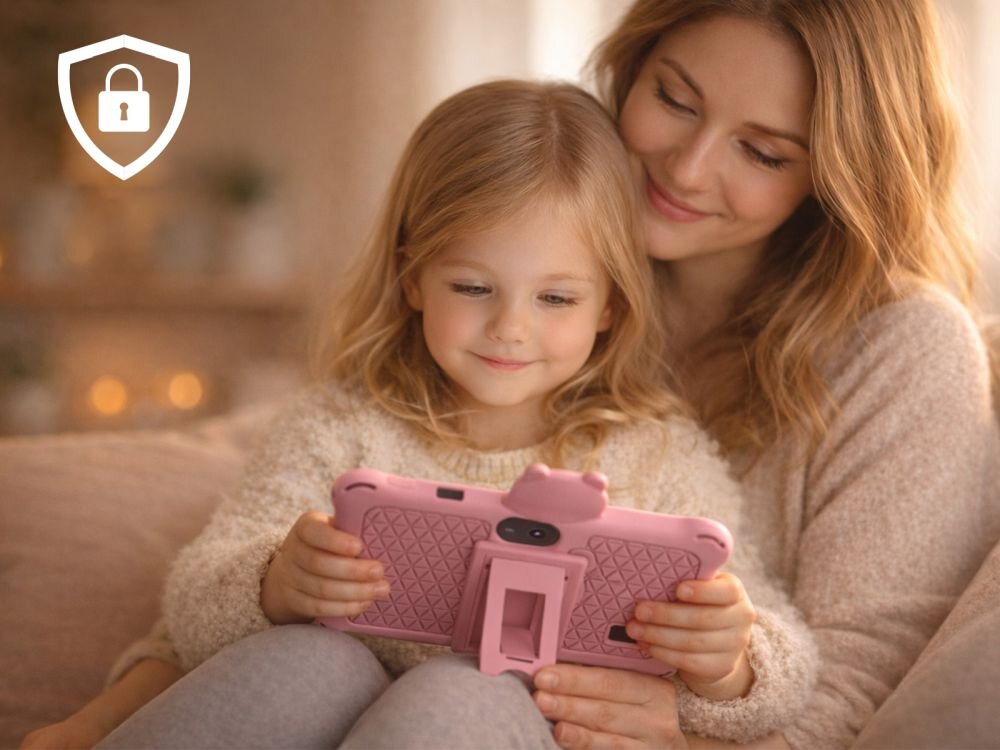 Dziecko trzyma różowy tablet w ochronnym etui, siedząc obok dorosłej osoby. W lewym górnym rogu widoczna jest ikona tarczy z kłódką.