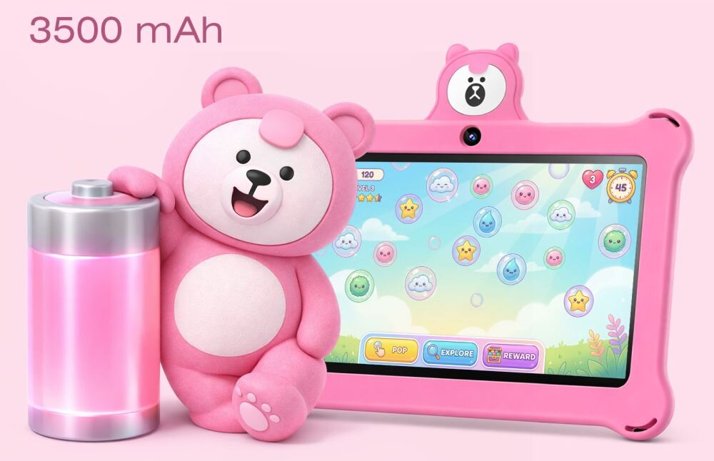 Różowy tablet z motywem misia, z wyświetlaczem pokazującym kolorową grę z chmurkami i gwiazdkami. Obok tabletu znajduje się różowy miś oraz symbol baterii z napisem \'3500 mAh\'.