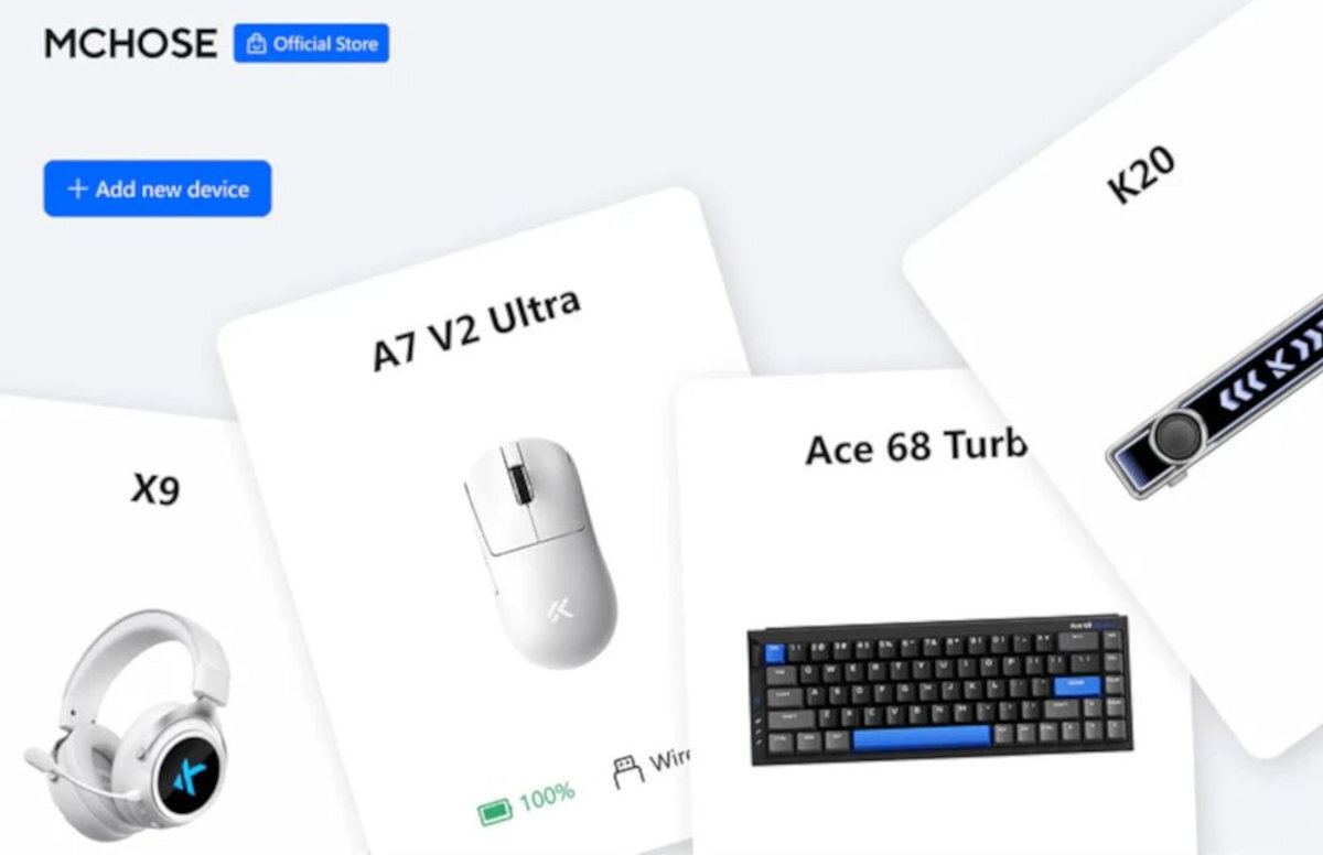 Obraz przedstawia cztery karty produktów z logo MCHOSE i napisem \'Official Store\'. Widoczne są produkty: słuchawki X9, mysz A7 V2 Ultra, klawiatura Ace 68 Turbo oraz urządzenie K20.
