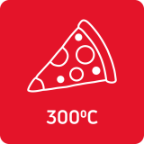 Czerwona ikona z białym rysunkiem kawałka pizzy i napisem \'300°C\'.