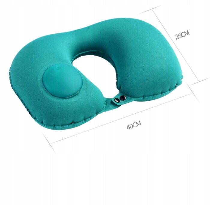 Poduszka podróżna w kształcie rogala w kolorze turkusowym z wbudowaną pompką. Wymiary poduszki to 40 cm na 28 cm.