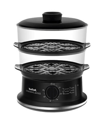 Na obrazie widoczny jest czarny parowar z dwoma przezroczystymi pojemnikami i pokrywką. Na przedniej części urządzenia znajduje się logo \'Tefal\' oraz pokrętło z oznaczeniami czasowymi.