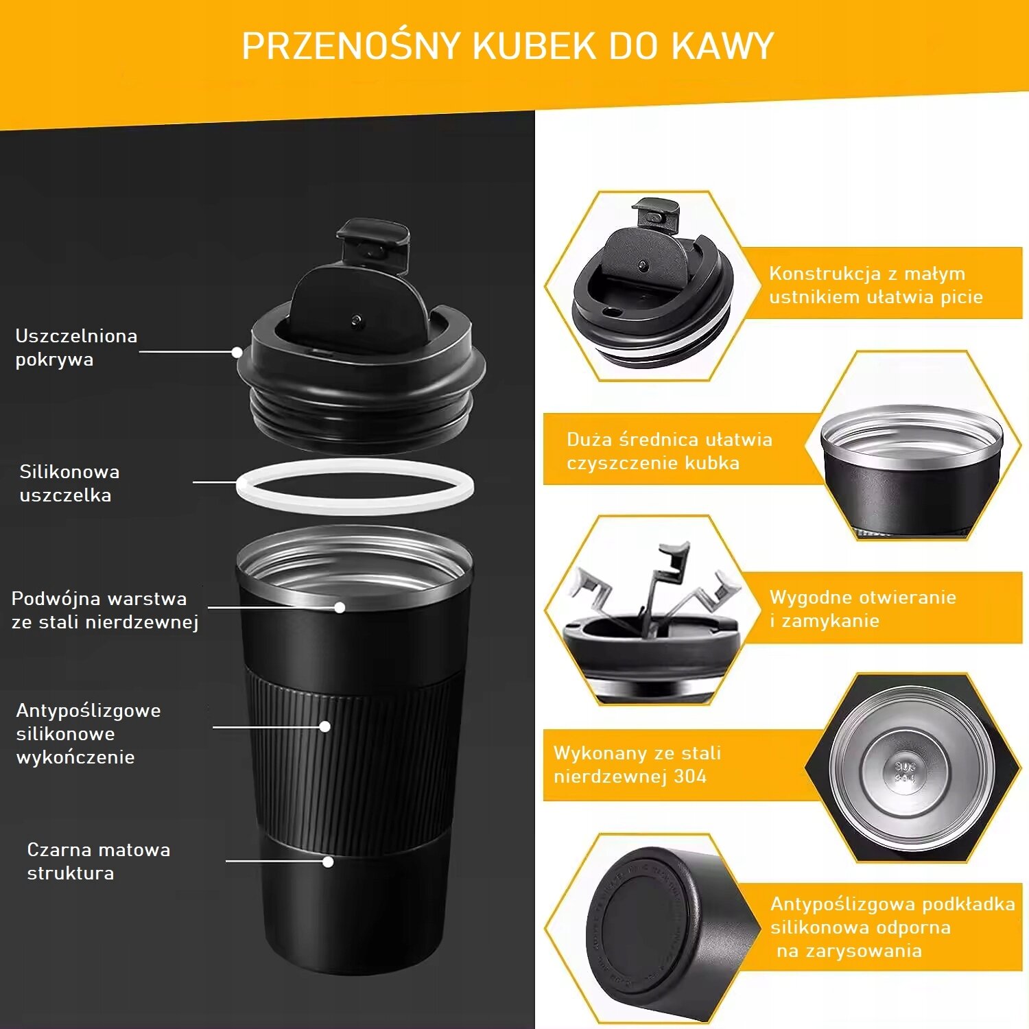 Obraz przedstawia przenośny kubek do kawy z opisanymi cechami: uszczelniona pokrywa, silikonowa uszczelka, podwójna warstwa ze stali nierdzewnej, antypoślizgowe silikonowe wykończenie i czarna matowa struktura. Dodatkowe cechy to konstrukcja z małym ustnikiem, duża średnica ułatwiająca czyszczenie, wygodne otwieranie i zamykanie, wykonanie ze stali nierdzewnej 304 oraz antypoślizgowa podkładka silikonowa odporna na zarysowania.