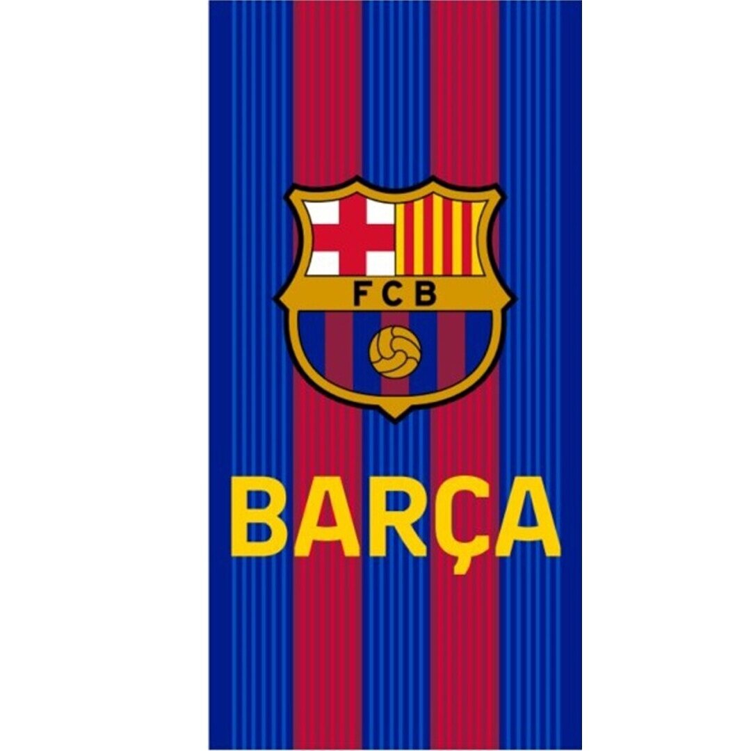 Ręcznik z pionowymi niebiesko-czerwonymi pasami, na którym znajduje się herb klubu piłkarskiego z napisem \'FCB\' oraz żółty napis \'BARÇA\'.