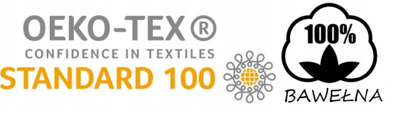 Na obrazie widoczne są dwa logotypy. Pierwszy to \'OEKO-TEX CONFIDENCE IN TEXTILES STANDARD 100\', a drugi to symbol bawełny z napisem \'100% BAWEŁNA\'.