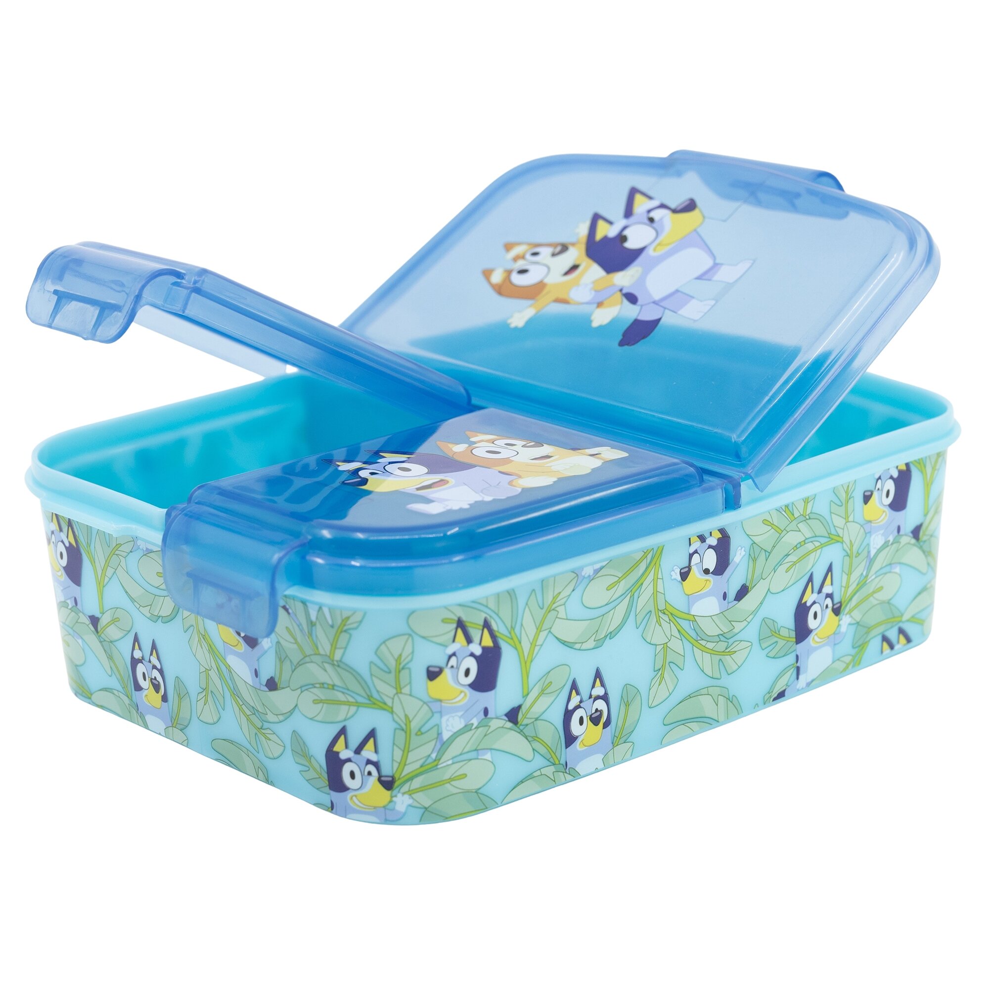Niebieski lunchbox z trzema komorami, ozdobiony grafiką postaci z kreskówki na pokrywie i bokach. Pokrywa jest przezroczysta z zapięciem na zatrzask.