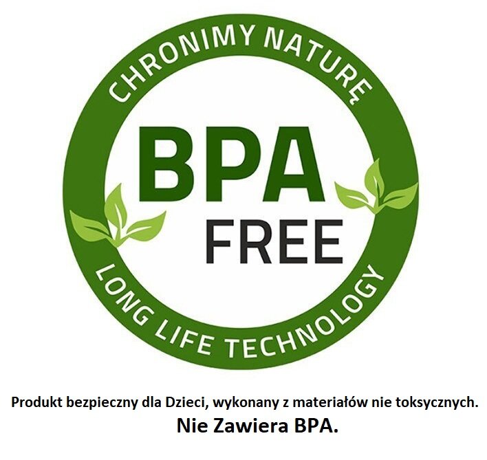 Na obrazie znajduje się zielony okrągły znak z napisem \'CHRONIMY NATURE BPA FREE LONG LIFE TECHNOLOGY\' oraz liśćmi. Poniżej widnieje tekst: \'Produkt bezpieczny dla Dzieci, wykonany z materiałów nie toksycznych. Nie Zawiera BPA.\'