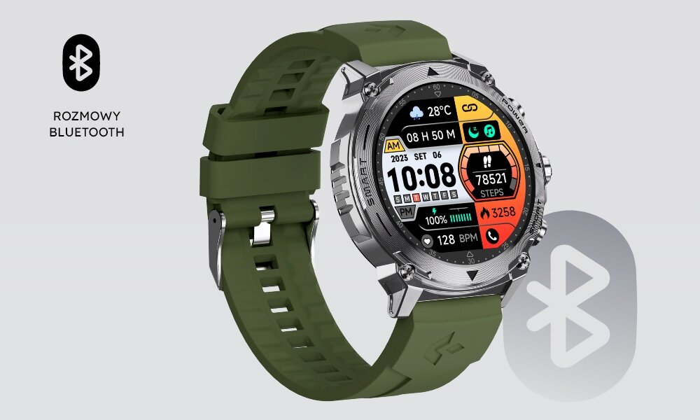 Smartwatch z zielonym paskiem i okrągłym wyświetlaczem pokazującym datę, godzinę oraz liczbę kroków. Obok znajduje się logo Bluetooth z napisem \'ROZMOWY BLUETOOTH\'.