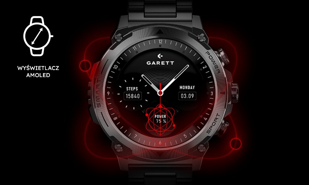 Smartwatch z okrągłym wyświetlaczem AMOLED, na którym widoczne są informacje takie jak liczba kroków, data oraz poziom naładowania baterii. Obok zegarka znajduje się ikona zegarka z napisem \'WYŚWIETLACZ AMOLED\'.