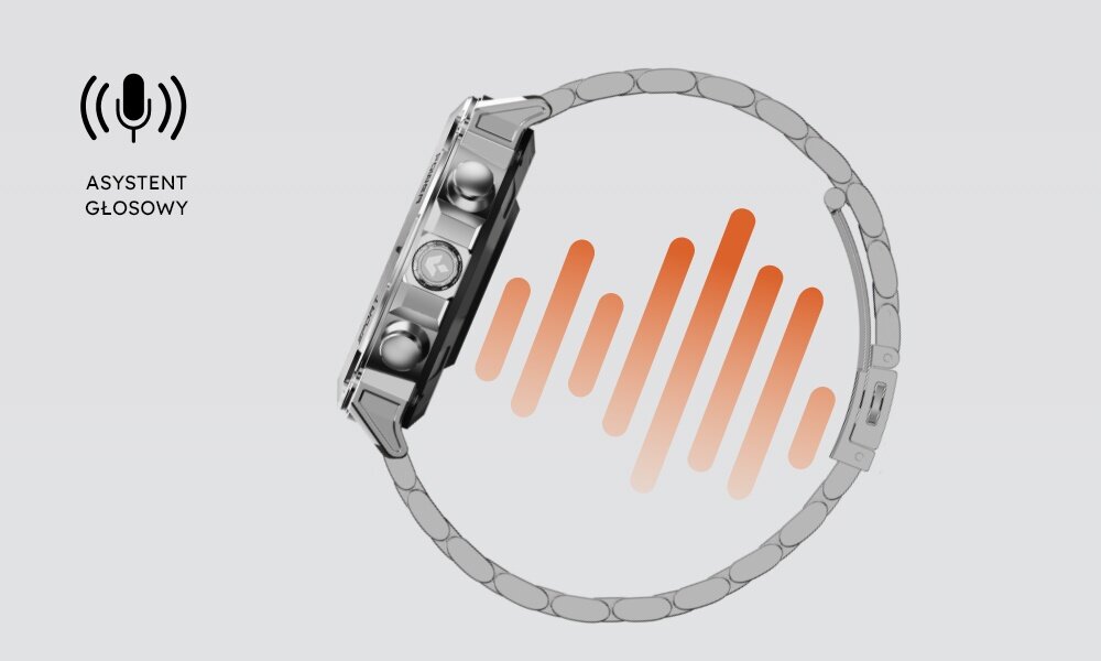 Obraz przedstawia smartwatch z metalową bransoletą i trzema przyciskami z boku. Obok zegarka znajduje się ikona mikrofonu z napisem \'ASYSTENT GŁOSOWY\' oraz pomarańczowe fale dźwiękowe.
