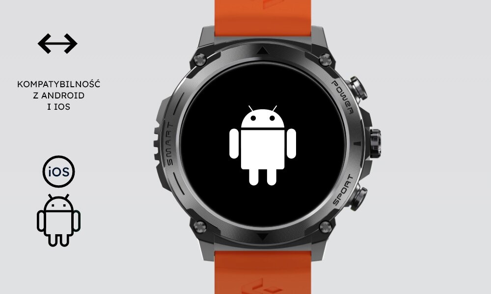 Smartwatch z czarnym ekranem, na którym widoczna jest ikona Androida. Obok znajduje się tekst \'KOMPATYBILNOŚĆ Z ANDROID I IOS\' oraz ikony systemów iOS i Android.