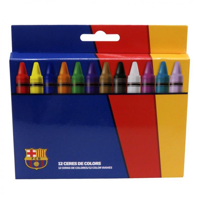 Opakowanie kredek woskowych z 12 kolorami, z logo FCB na dole. Na opakowaniu widnieje napis: \'12 CERES DE COLORS 12 CERAS DE COLORES/12 COLOR WAXES\'.