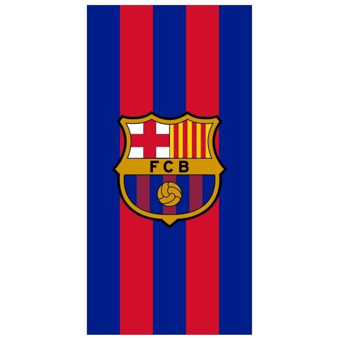 Ręcznik z pionowymi pasami w kolorach czerwonym i niebieskim, z herbem FCB na środku.