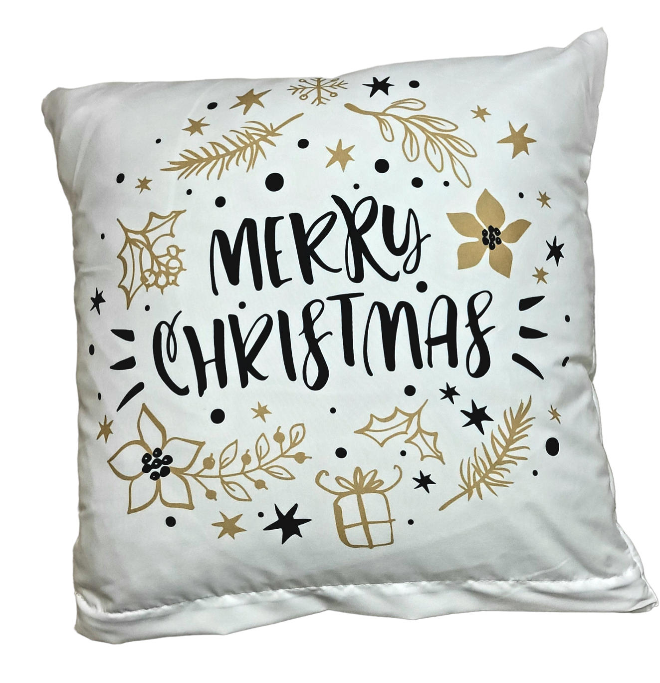 Biała poszewka na poduszkę z napisem \'MERRY CHRISTMAS\' otoczonym złotymi i czarnymi świątecznymi motywami, takimi jak gwiazdki, liście ostrokrzewu i prezenty.