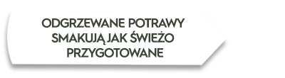 Obraz przedstawia biały kształt z tekstem: \'ODGRZEWANE POTRAWY SMAKUJĄ JAK ŚWIEŻO PRZYGOTOWANE\'.