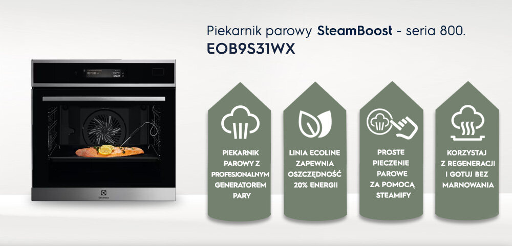Obraz przedstawia piekarnik parowy SteamBoost serii 800, model EOB9S31WX, z widocznym wnętrzem i potrawą. Obok piekarnika znajdują się cztery ikony z tekstami: \'PIEKARNIK PAROWY Z PROFESJONALNYM GENERATOREM PARY\', \'LINIA ECOLINE ZAPEWNIA OSZCZĘDNOŚĆ 20% ENERGII\', \'PROSTE PIECZENIE PAROWE ZA POMOCĄ STEAMIFY\', \'KORZYSTAJ Z REGENERACJI I GOTUJ BEZ MARNOWANIA\'.