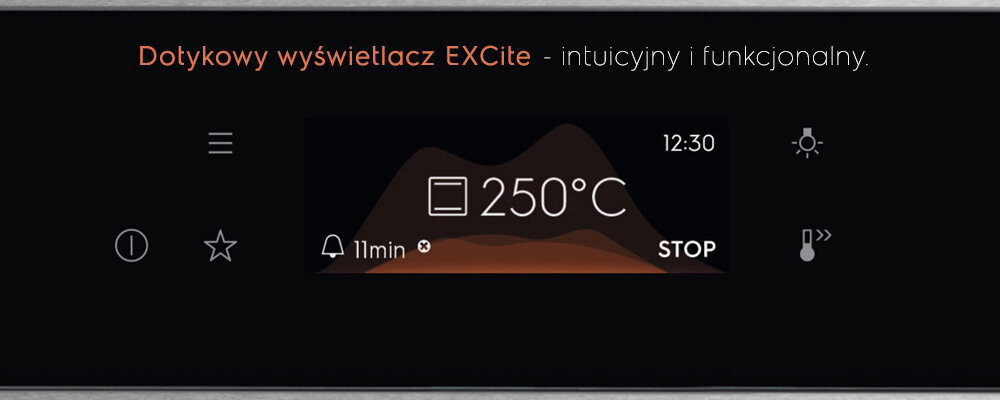 Panel dotykowy piekarnika z napisem \'Dotykowy wyświetlacz EXCite - intuicyjny i funkcjonalny\'. Wyświetlacz pokazuje temperaturę 250°C, czas 11 minut oraz godzinę 12:30.