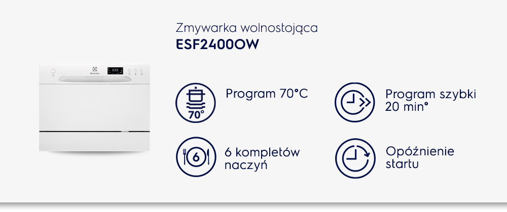 Obraz przedstawia zmywarkę wolnostojącą ELECTROLUX ESF2400OW z funkcjami: Program 70°C, Program szybki 20 min, 6 kompletów naczyń, Opóźnienie startu.